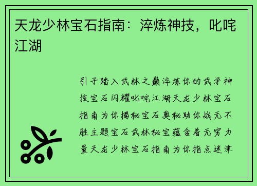天龙少林宝石指南：淬炼神技，叱咤江湖