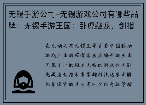 无锡手游公司-无锡游戏公司有哪些品牌:无锡手游王国:卧虎藏龙,剑指未来